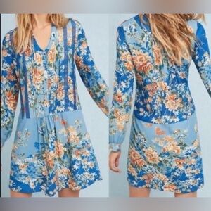TINY Anthropologie Gaina Blue Floral Lace Trim Tunic Shift Dress Size Medium